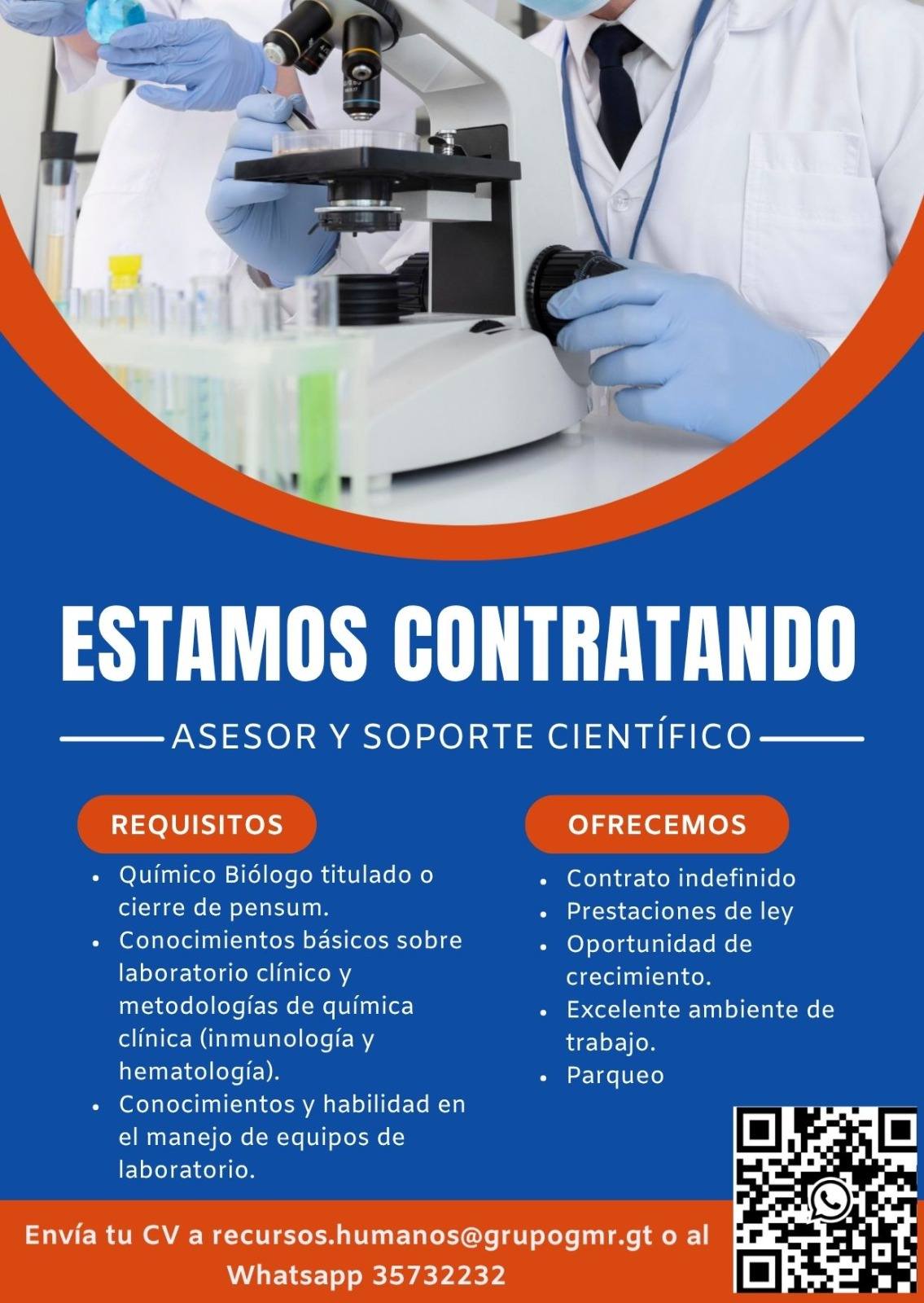 Oferta laboral para Químico (a) Biólogo (a) para asesoría y soporte científico