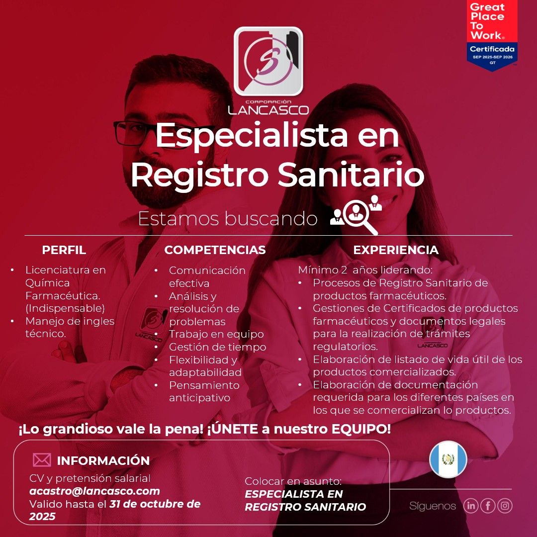 Oferta laboral para Químico (a) Farmacéutico (a) para especialista de registros sanitarios