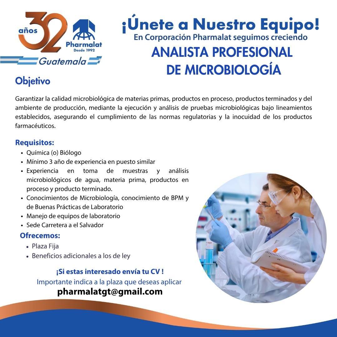 Oferta laboral para Químico (a) Biólogo (a) para analista profesional de microbiología