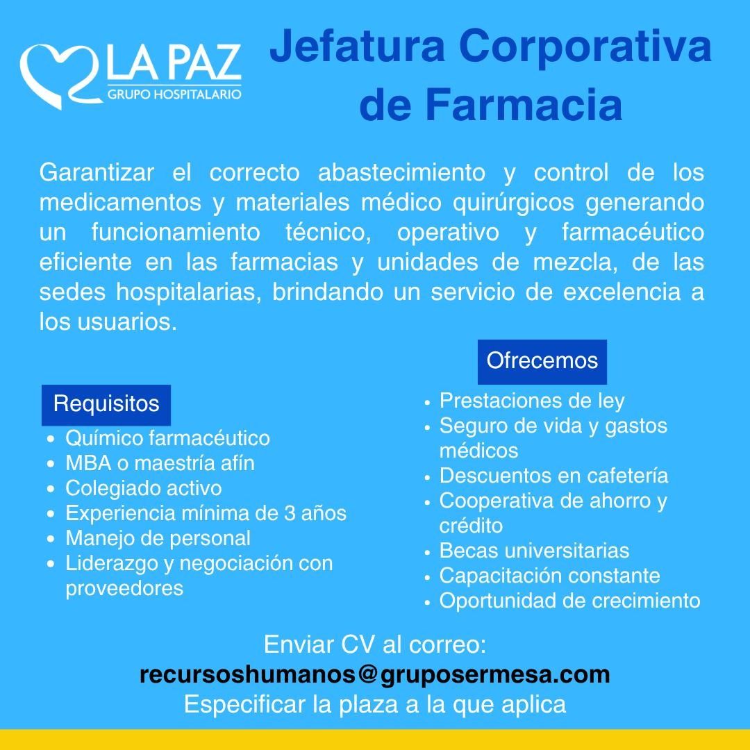 Oferta laboral para Químico (a) Farmacéutico (a) para jefatura corporativa de farmacia