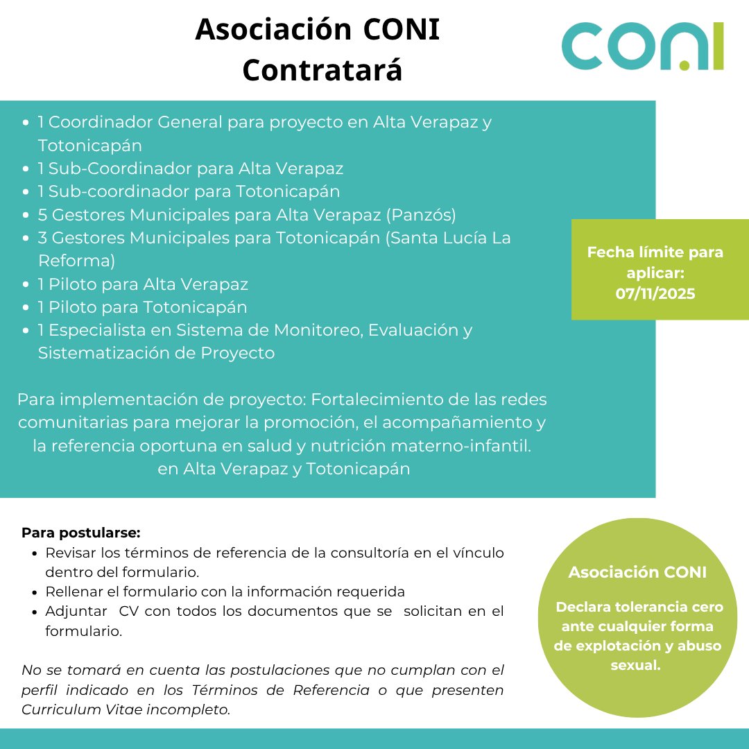 Oferta laboral para Nutricionista para coordinación general de proyecto