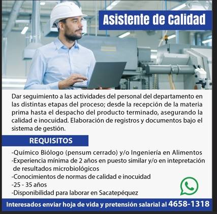 Oferta laboral para Químico (a) Biólogo (a) para asistente de calidad