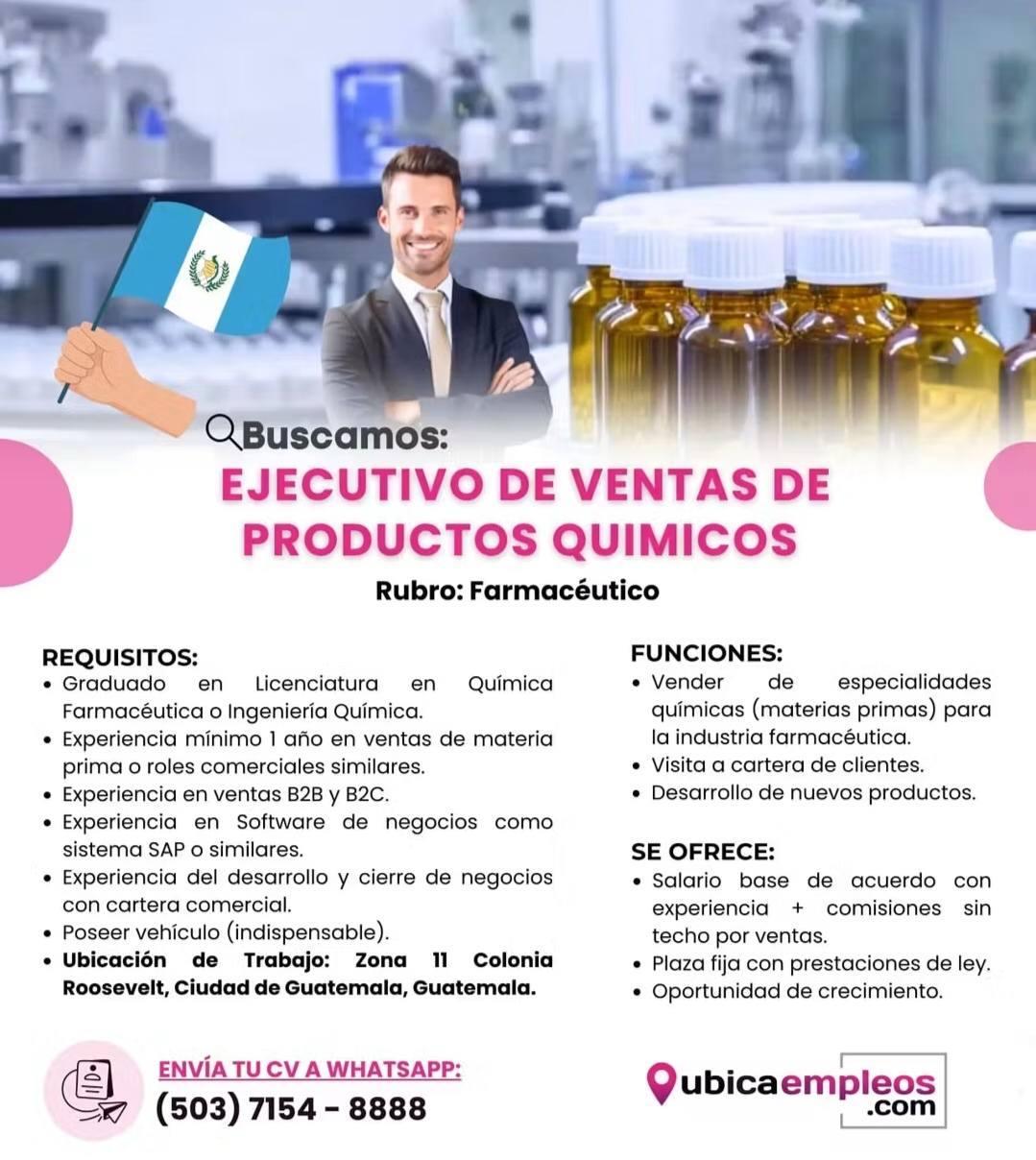 Oferta laboral para Químico (a) Farmacéutico (a) para ejecutivo de ventas de productos químicos
