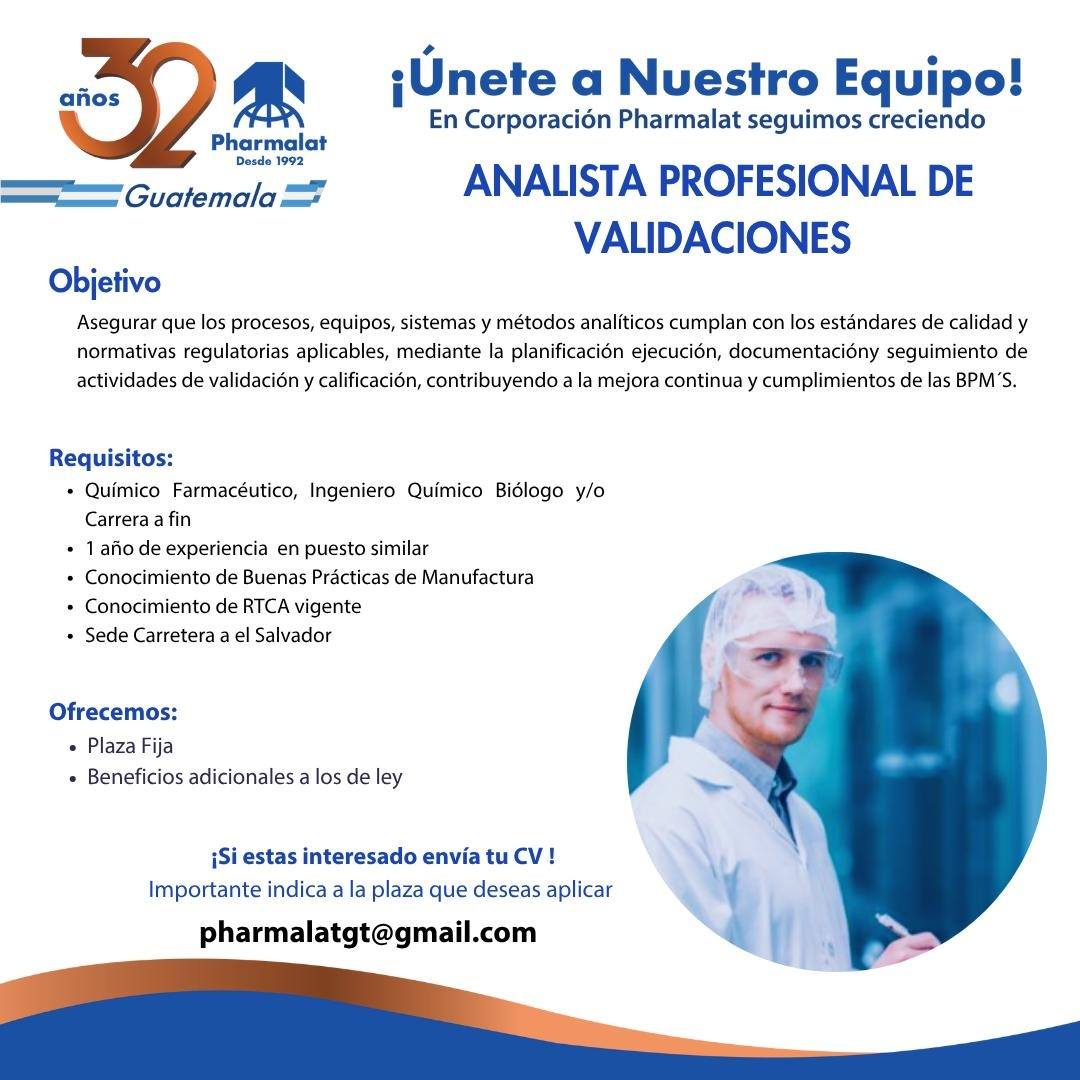 Oferta laboral para Químico (a) Farmacéutico (a) para analista profesional de validación