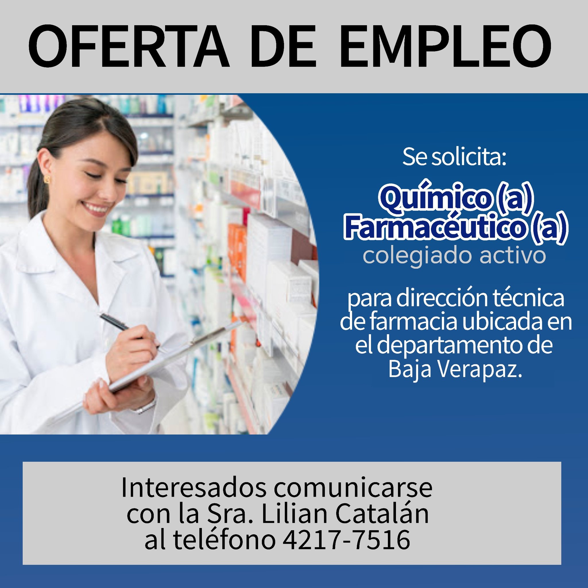 Oferta laboral para Químico (a) Farmacéutico (a) para dirección técnica de farmacia