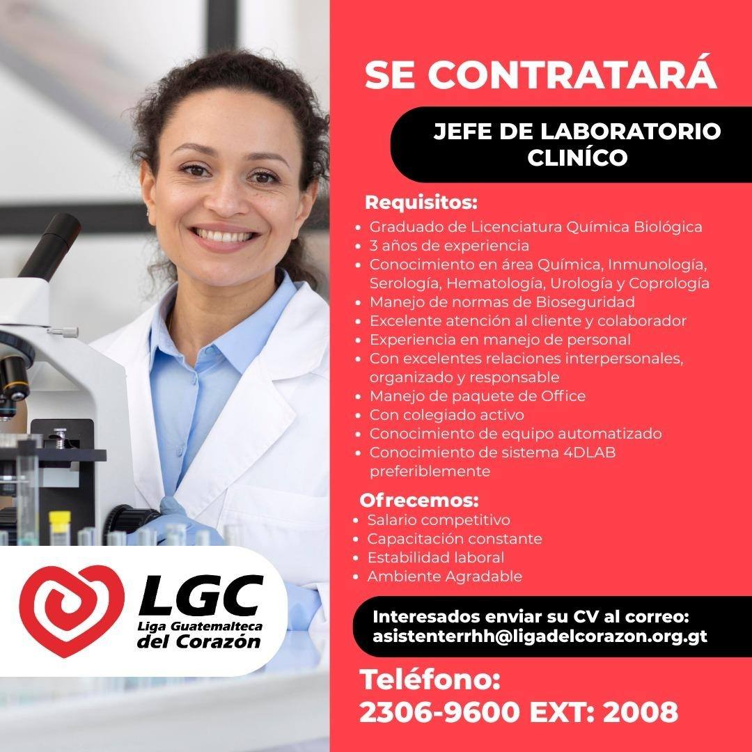 Oferta laboral para Químico (a) Biólogo (a) para jefe de laboratorio clínico