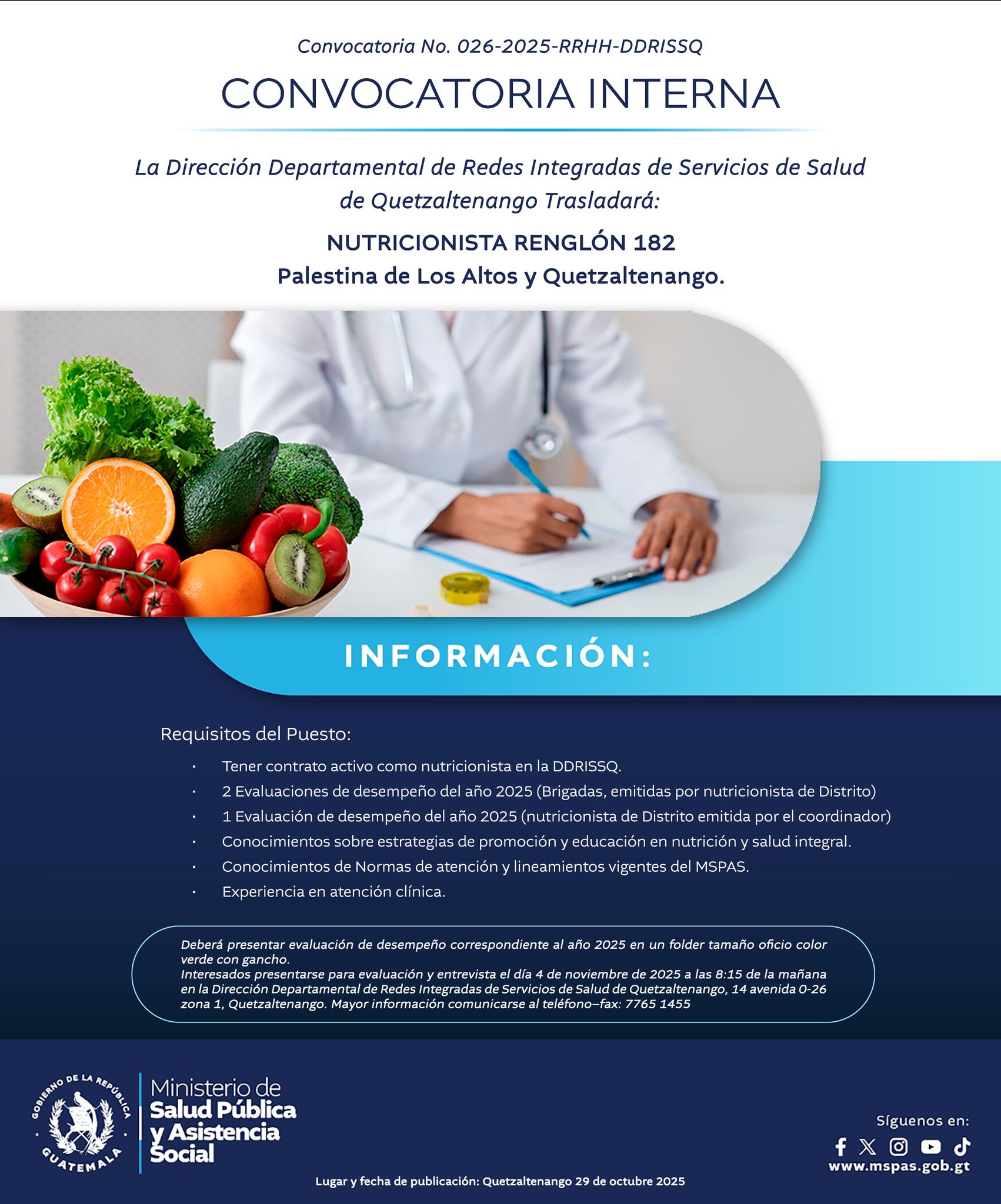 Oferta laboral para Nutricionista para la Dirección Departamental de Redes Integradas de Servicios de Salud de Quetzaltenango