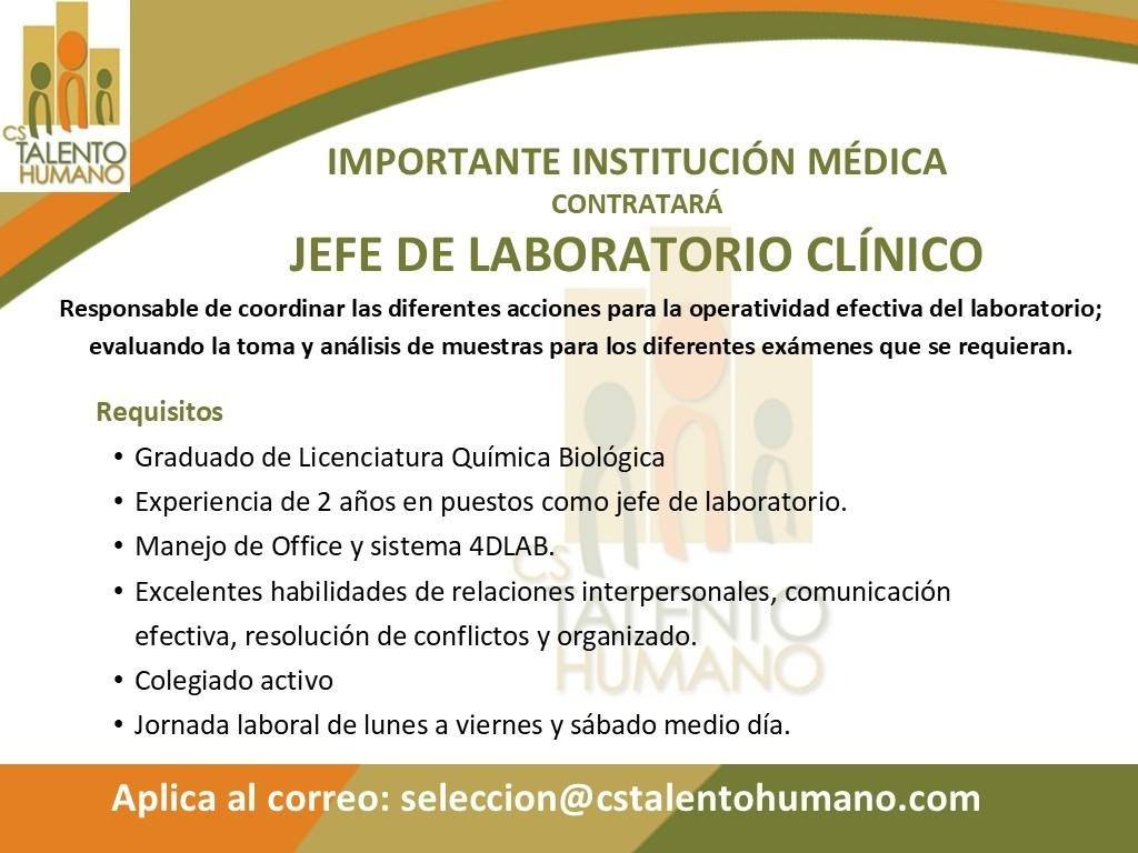 Oferta laboral para Químico (a) Biólogo (a) para jefe de laboratorio clínico