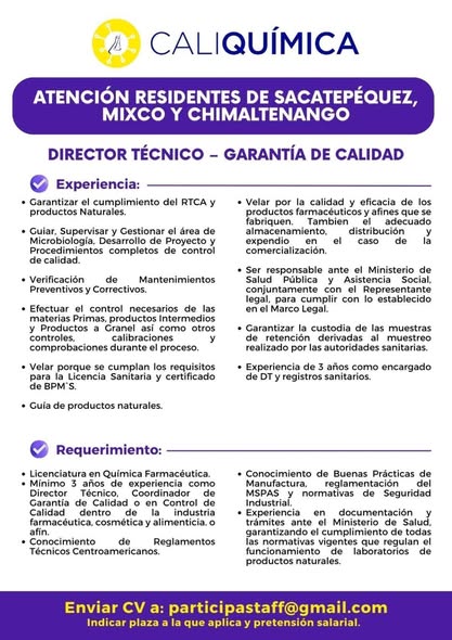 Oferta laboral para Químico (a) Farmacéutico (a) para dirección técnica
