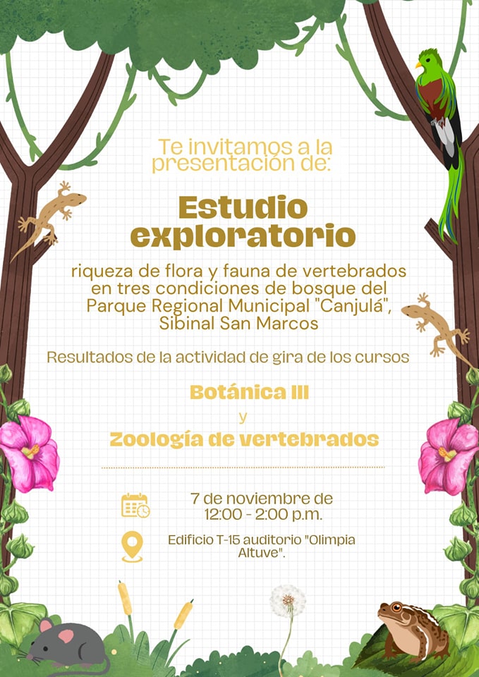 Presentación de resultados «Estudio exploratorio riqueza de flora y fauna de vertebrados en tres condiciones de bosques del Parque Regional Municipal Canjulá, Sibinal, San Marcos»