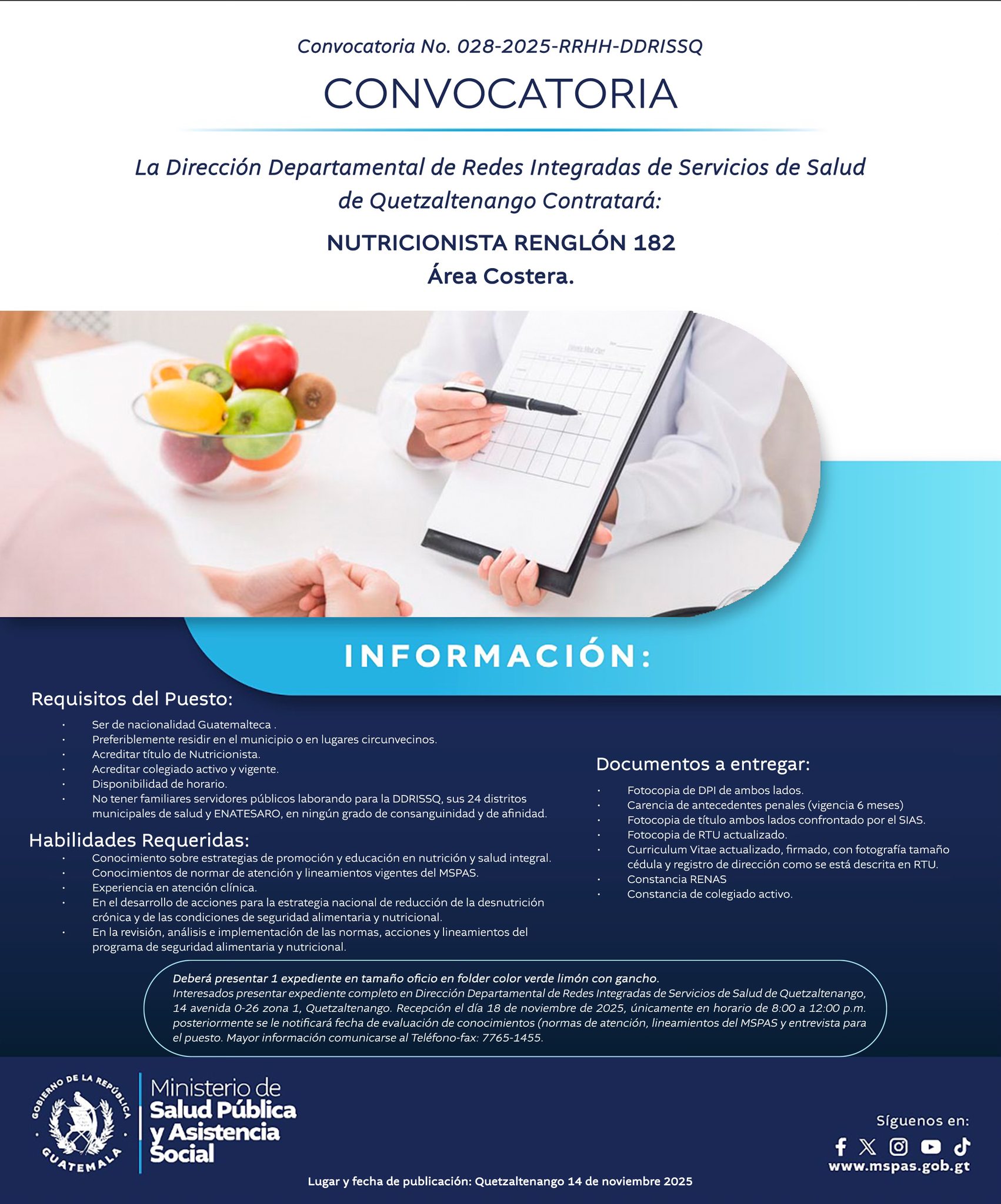 Oferta laboral para Nutricionista para el Área de Salud de Quetzaltenango