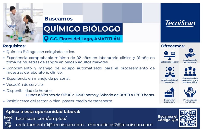 Oferta laboral para Químico (a) Biólogo (a) para laboratorio en Amatitlán