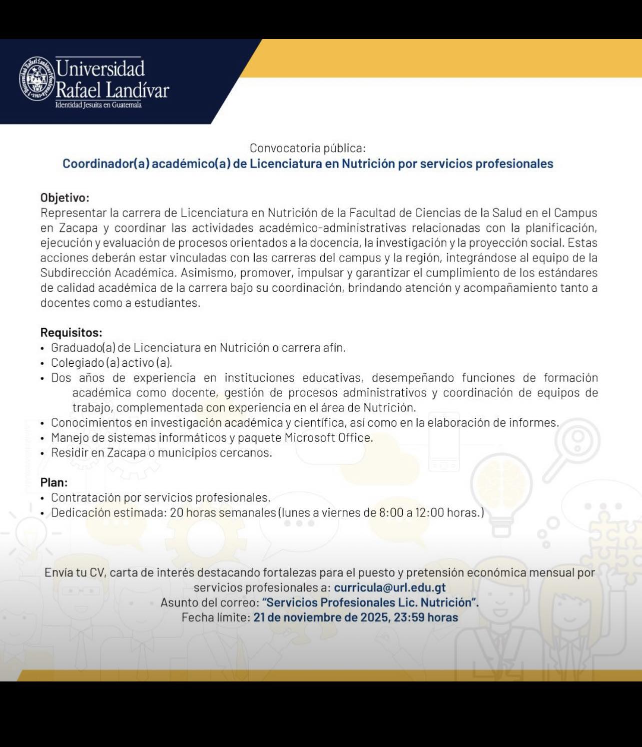 Oferta laboral para Nutricionista para la Universidad Rafael Landívar de Zacapa