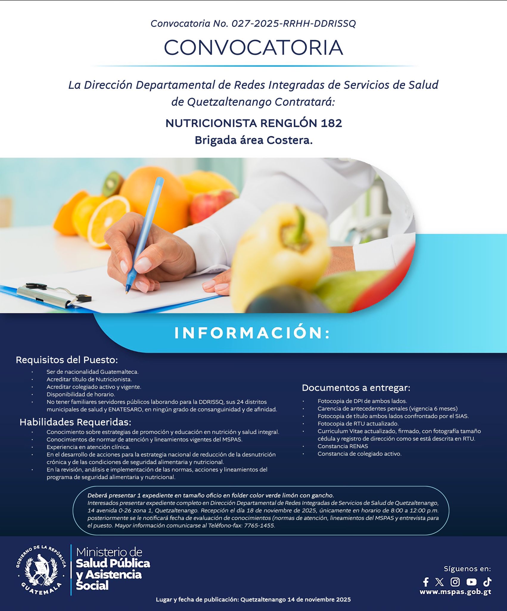 Oferta laboral para Nutricionista para el Área de Salud de Quetzaltenango