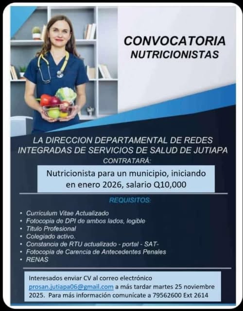Oferta laboral para Nutricionista para el Área de Salud de Jutiapa