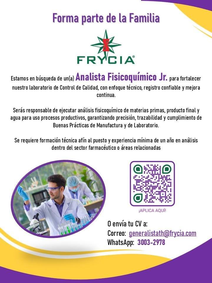 Oferta laboral para Químico (a) Farmacéutico (a) para Analista Fisicoquímico Jr.