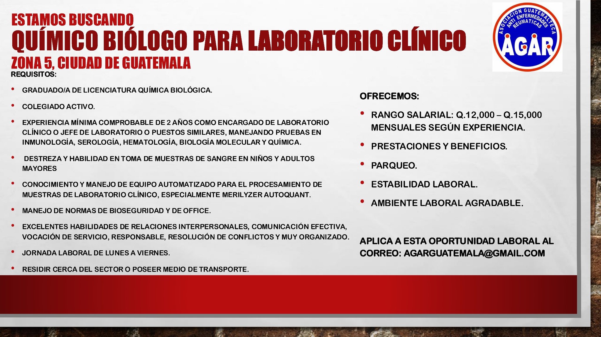 Oferta laboral para Químico (a) Biólogo (a) para laboratorio clínico