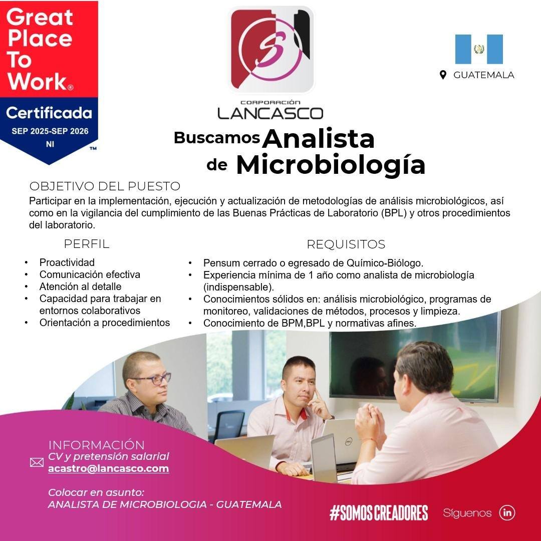 Oferta laboral para Químico (a) Biólogo (a) para analista de microbiología