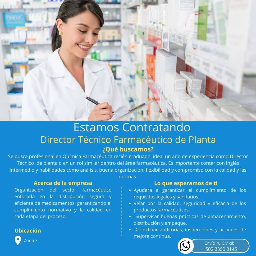 Oferta laboral para Químico (a) Farmacéutico (a) para dirección técnica de farmacia