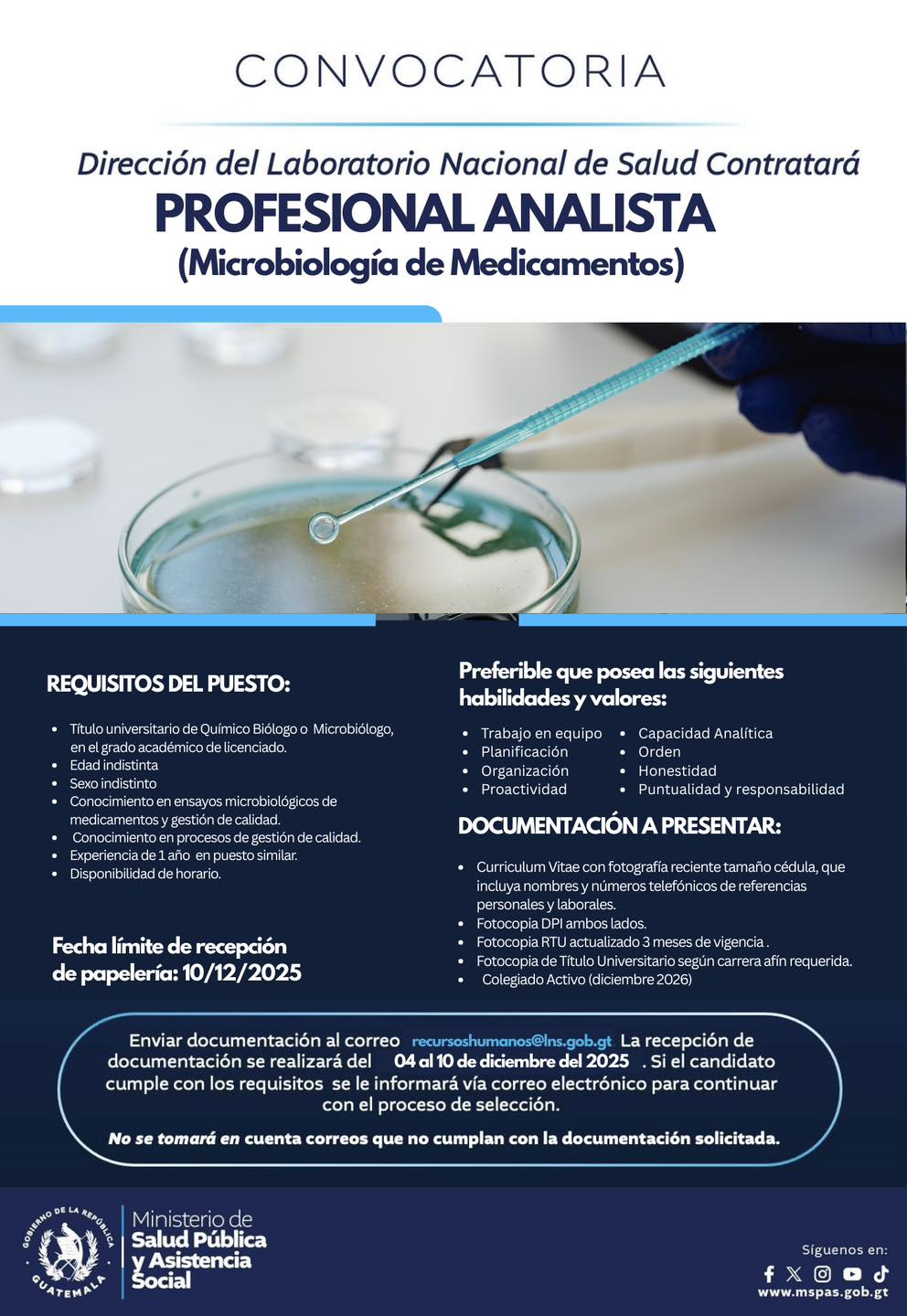 Oferta laboral para Químico (a) Biólogo (a) o Microbiólogo (a) para el Laboratorio Nacional de Salud para profesional analista microbiología de medicamentos