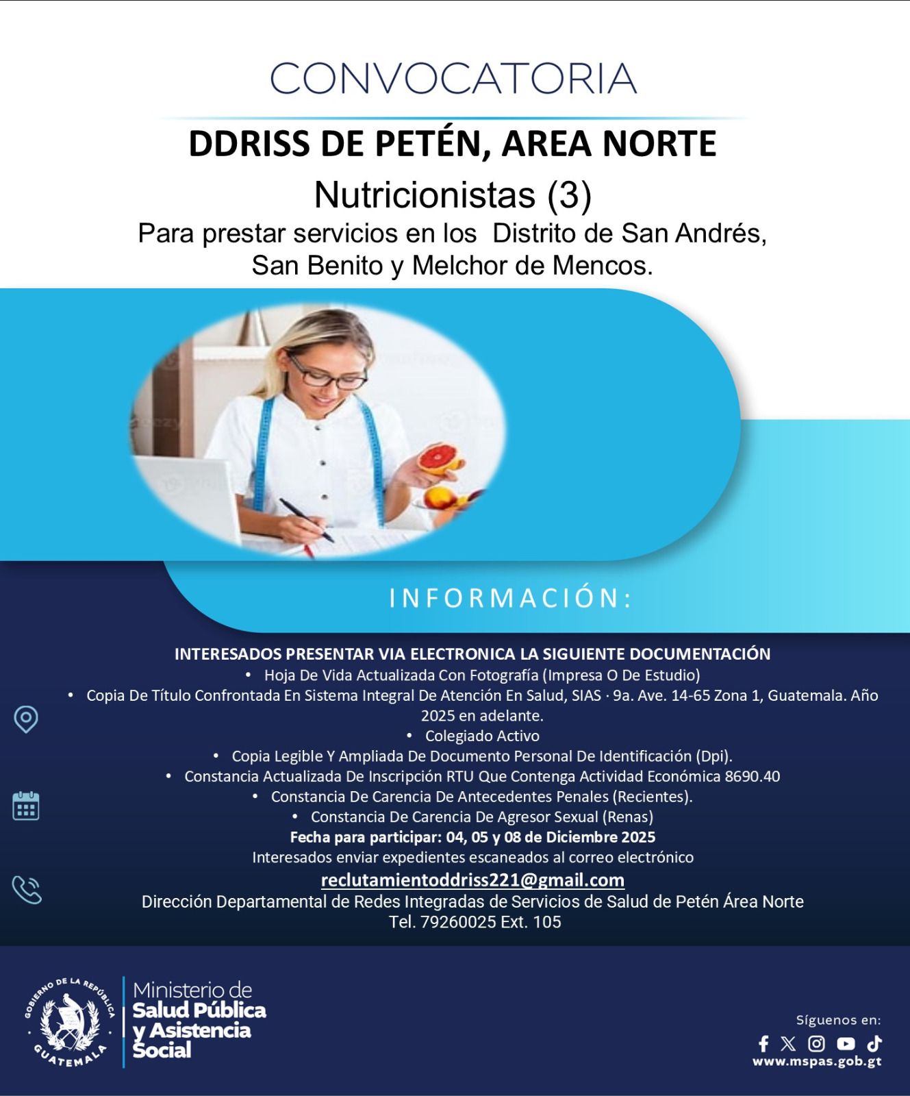 Oferta laboral para Nutricionista para el MInisterio de Salud Pública en Petén
