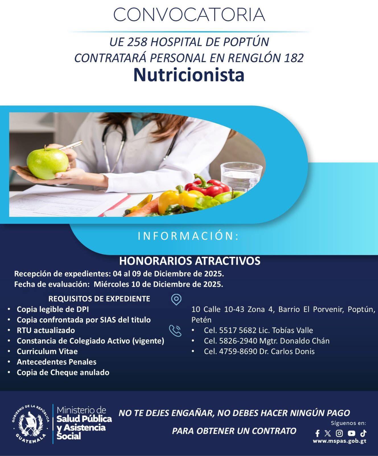 Oferta laboral para Nutricionista para el Hospital Nacional de Poptún