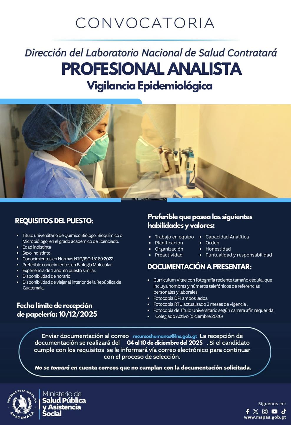 Oferta laboral para Químico (a) Biólogo (a) o Bioquímico (a) y Microbiólogo (a) para el Laboratorio Nacional de Salud para profesional analista vigilancia epidemiológica