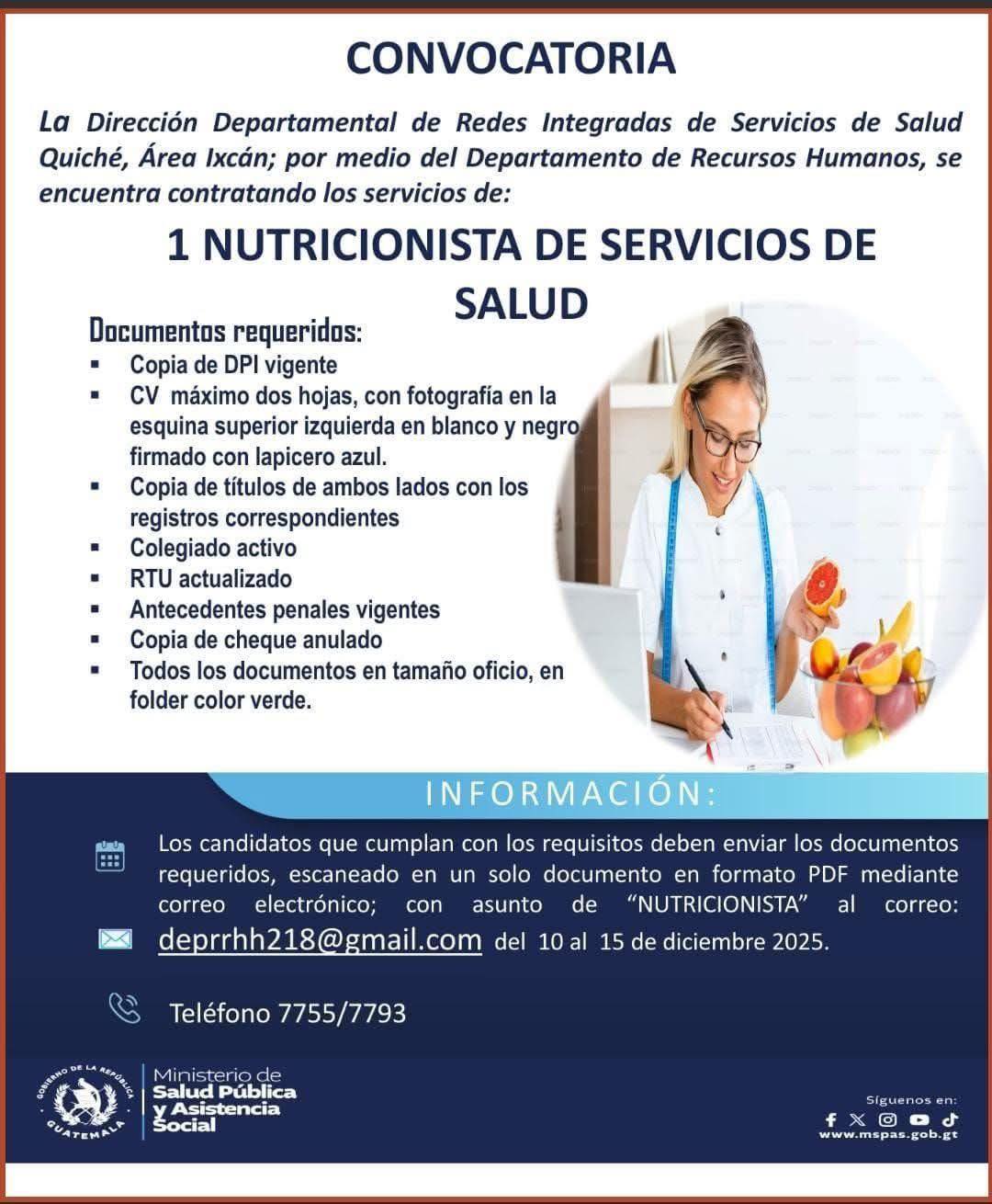 Oferta laboral para Nutricionista para el Ministerio de Salud en Quiché