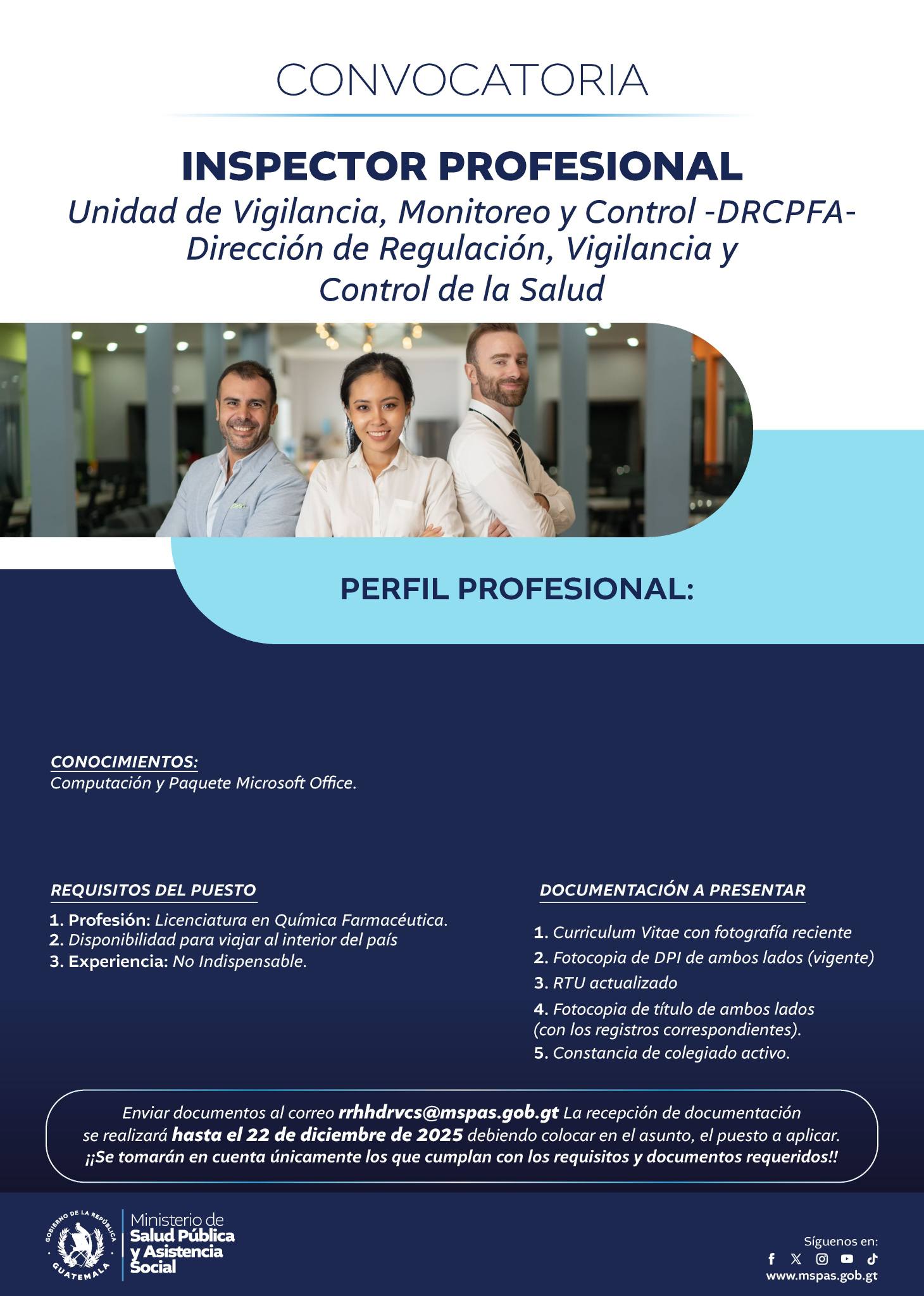 Oferta laboral para Químico (a) Farmacéutico (a) para inspector profesional