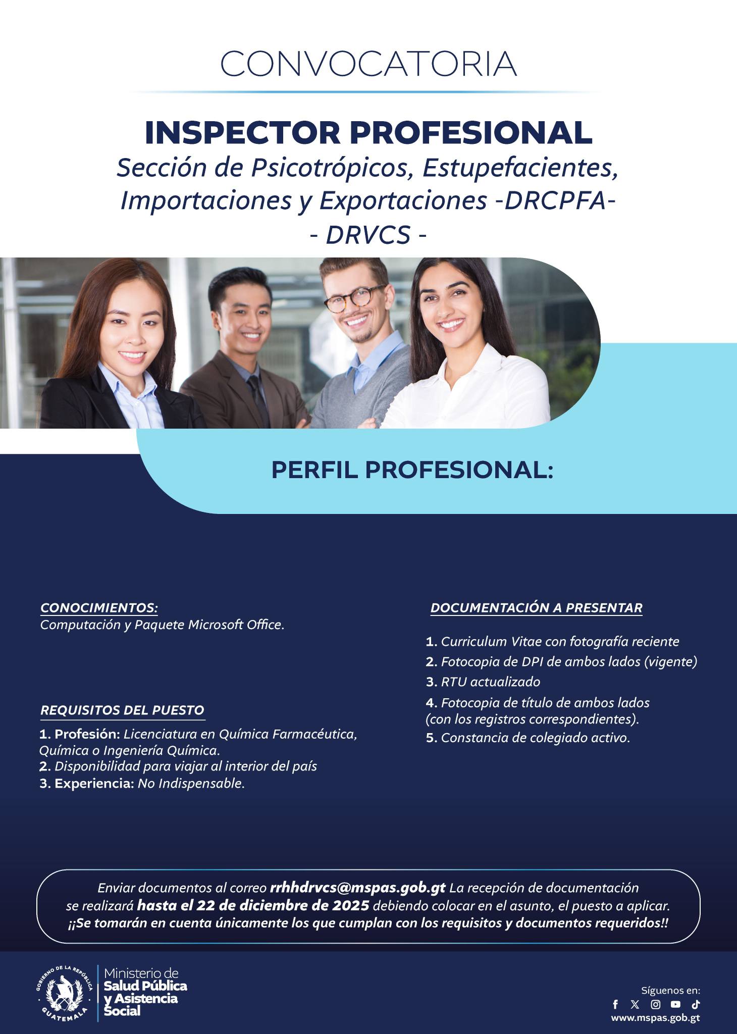 Oferta laboral para Químico (a) Farmacéutico (a) o Químico (a) para inspector profesional