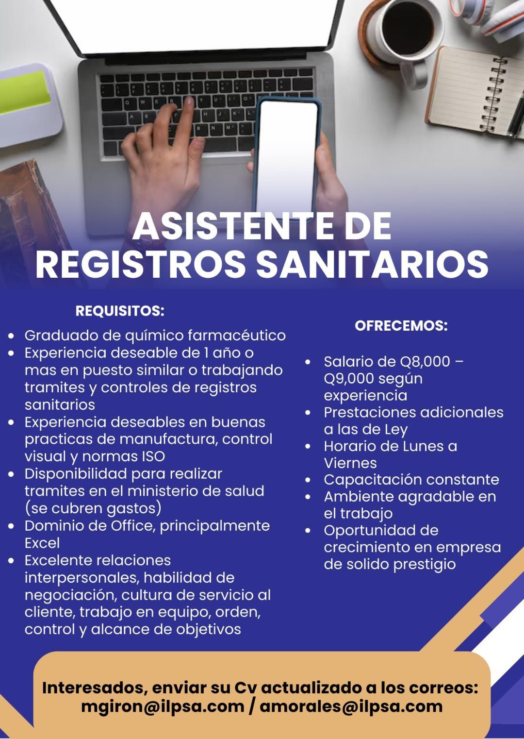 Oferta laboral para Químico (a) Farmacéutico (a) para asistente de registros sanitarios