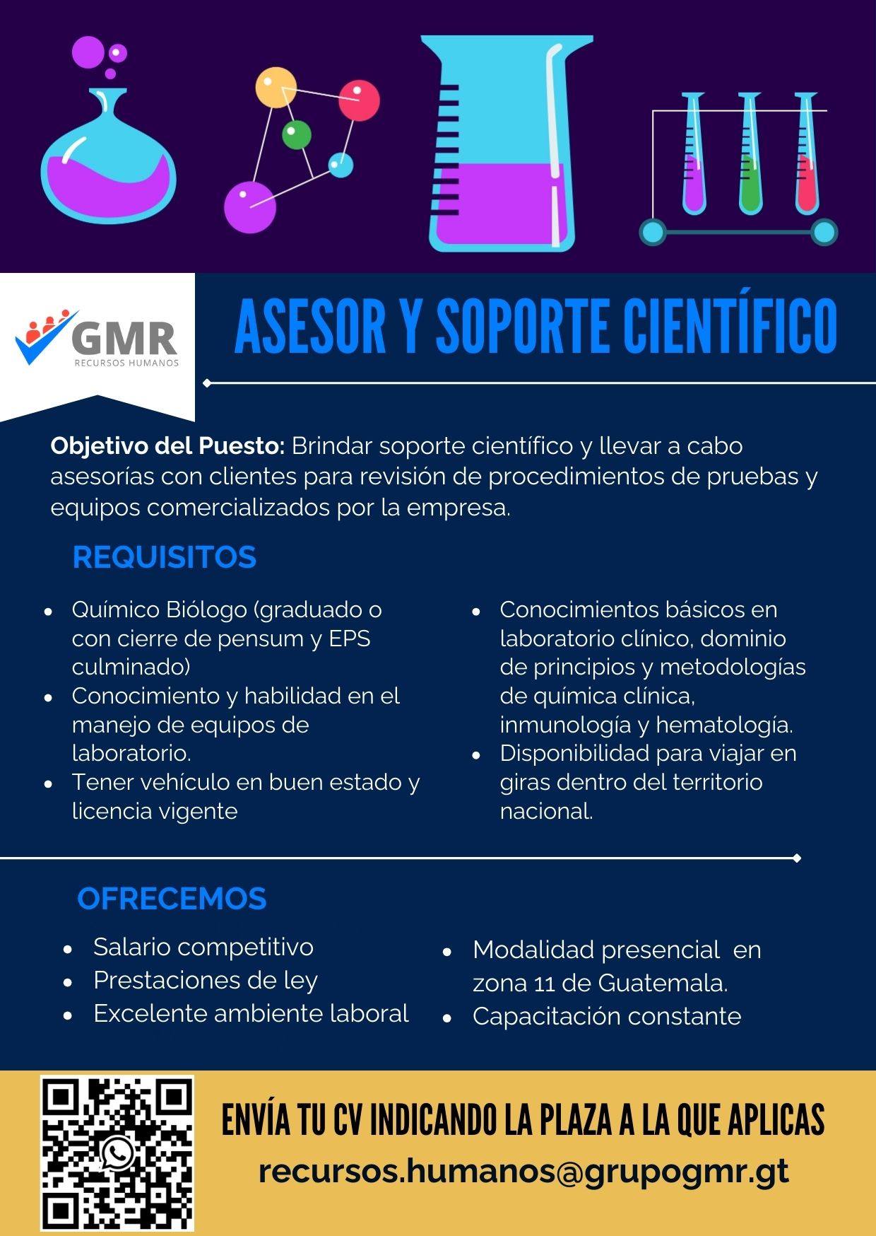 Oferta laboral para Químico (a) Biólogo (a) para asesor y soporte científico