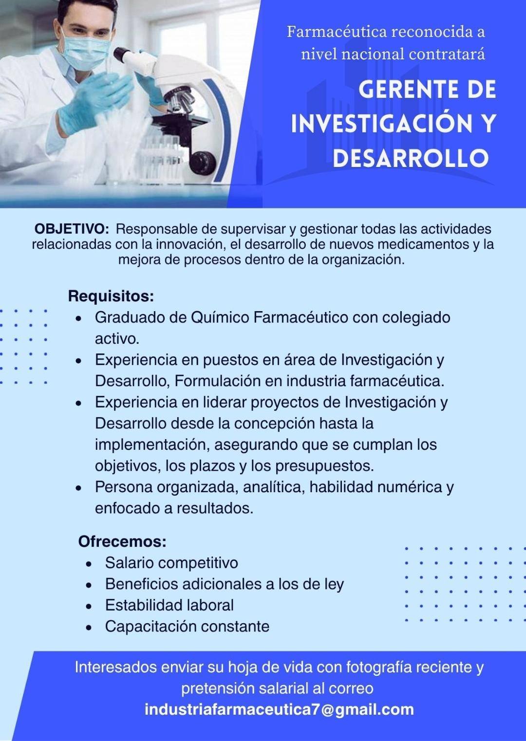OFERTA LABORAL PARA QUÍMICO (A) FARMACÉUTICO (A) PARA GERENTE DE INVESTIGACIÓN Y DESARROLLO