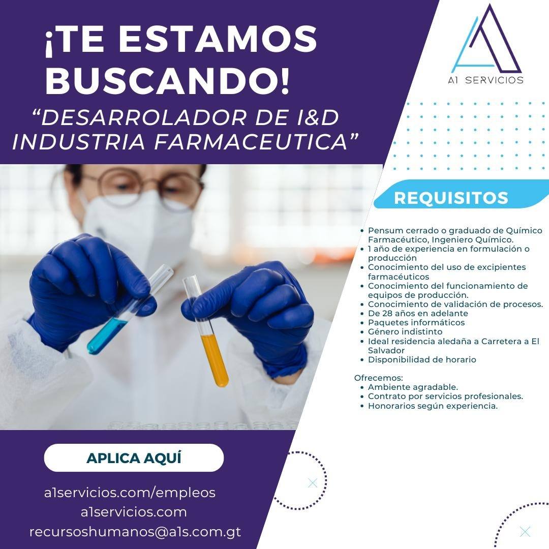Oferta laboral para Químico (a) Farmacéutico (a) para desarrollador de industria farmacéutica