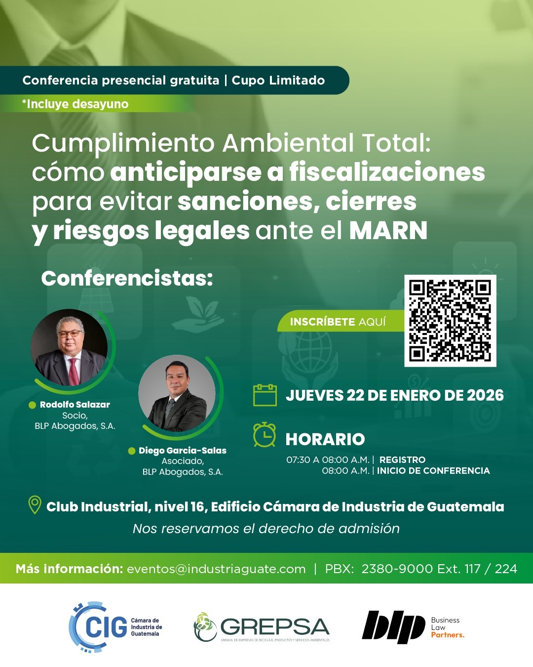 conferencia “Cumplimiento Ambiental Total: cómo anticiparse a fiscalizaciones para evitar sanciones, cierres y riesgos legales ante el MARN” 