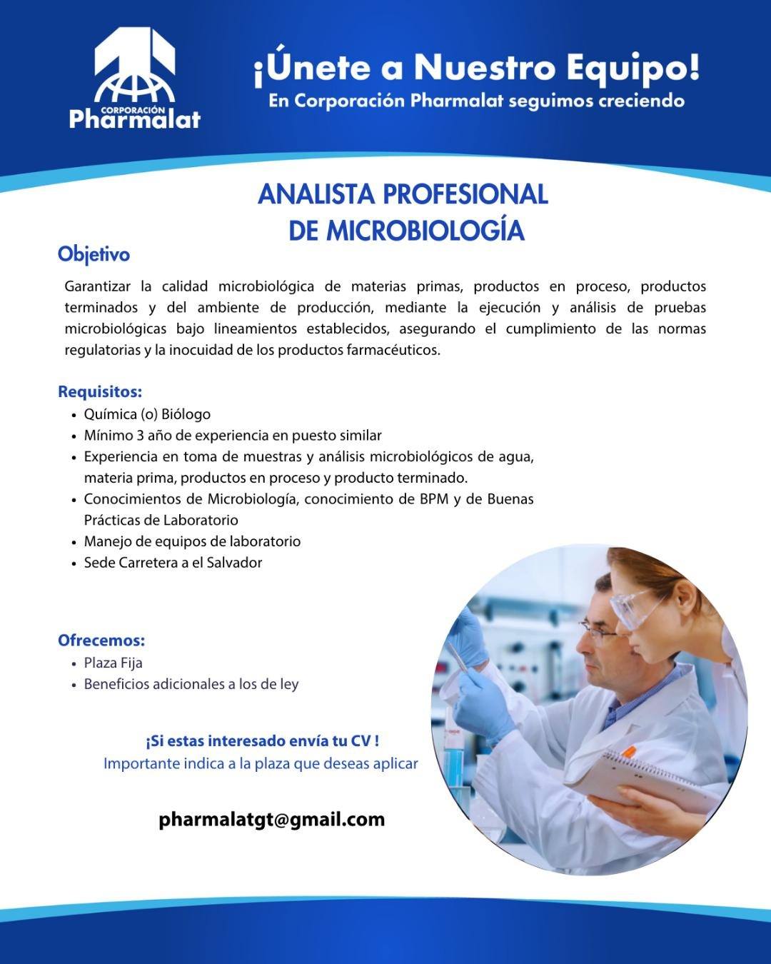 OFERTA LABORAL PARA QUÍMICO (A) BIÓLOGO (A) PARA ANALISTA PROFESIONAL DE MICROBIOLOGÍA