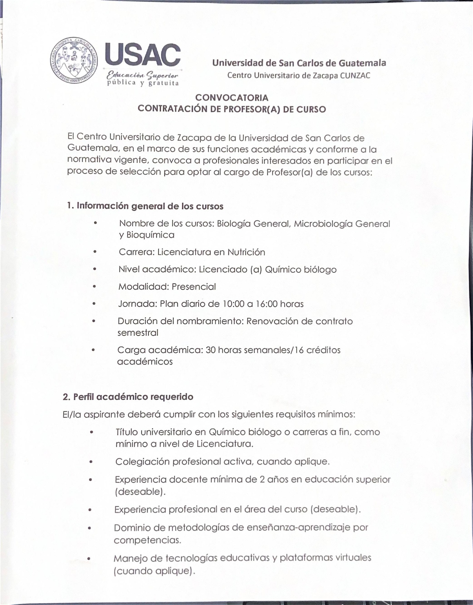 OFERTA LABORAL PARA QUÍMICO (A) BIÓLOGO (A) PARA DOCENCIA EN EL CENTRO UNIVERSITARIO DE ZACAPA