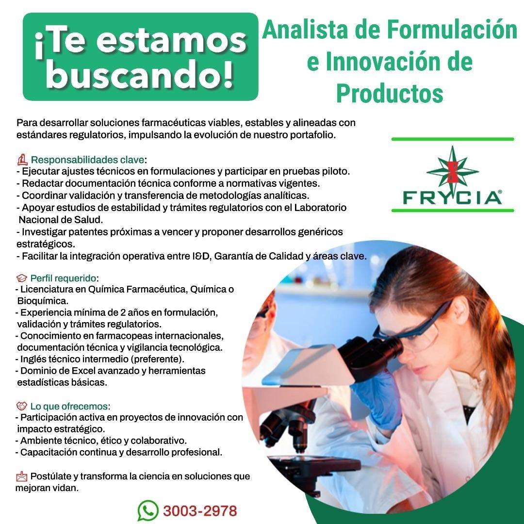 OFERTA LABORAL PARA ANALISTA DE FORMULACIÓN E INNOVACIÓN DE PRODUCTOS
