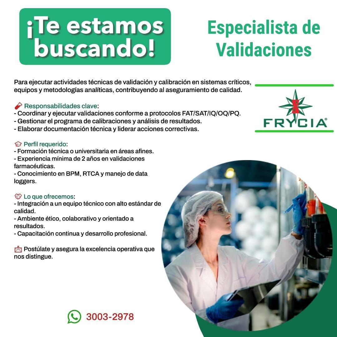 OFERTA LABORAL PARA QUÍMICO (A) FARMACÉUTICO (A) PARA ESPECIALISTA DE VALIDACIÓN