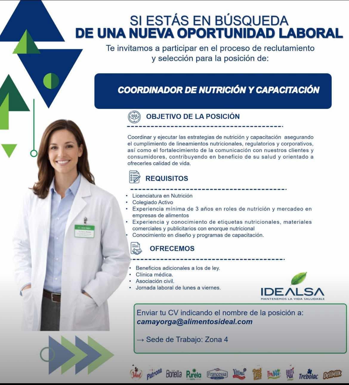Oferta laboral para Nutricionista para coordinador de producción y capacitador