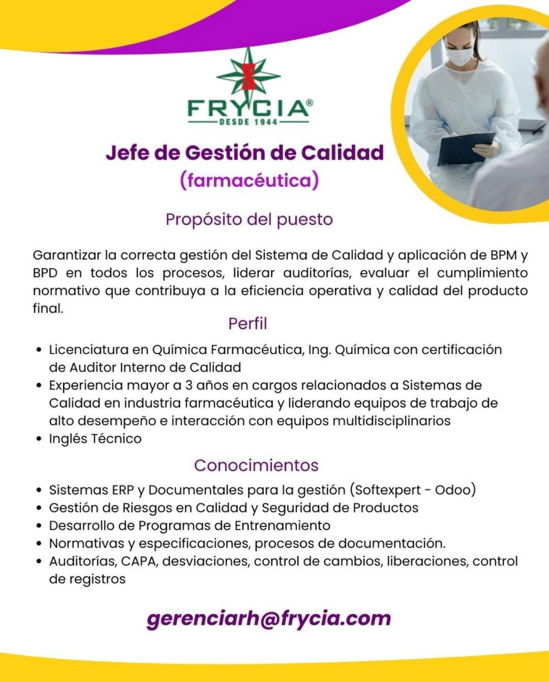 OFERTA LABORAL PARA QUÍMICO (A) FARMACÉUTICO (A) PARA JEFE DE GESTIÓN DE CALIDAD