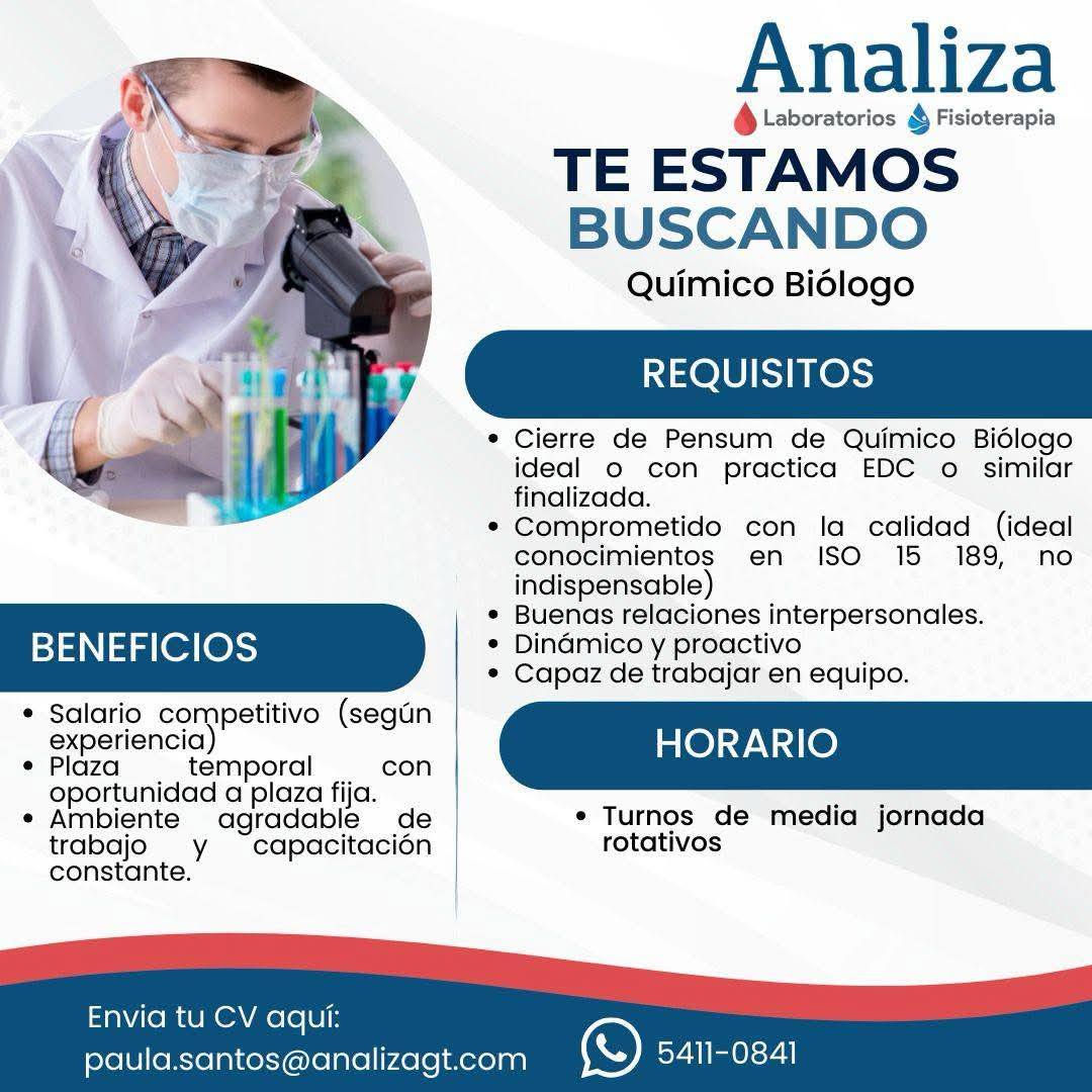 OFERTA LABORAL PARA QUÍMICO (A) BIÓLOGO (A) PARA LABORATORIO