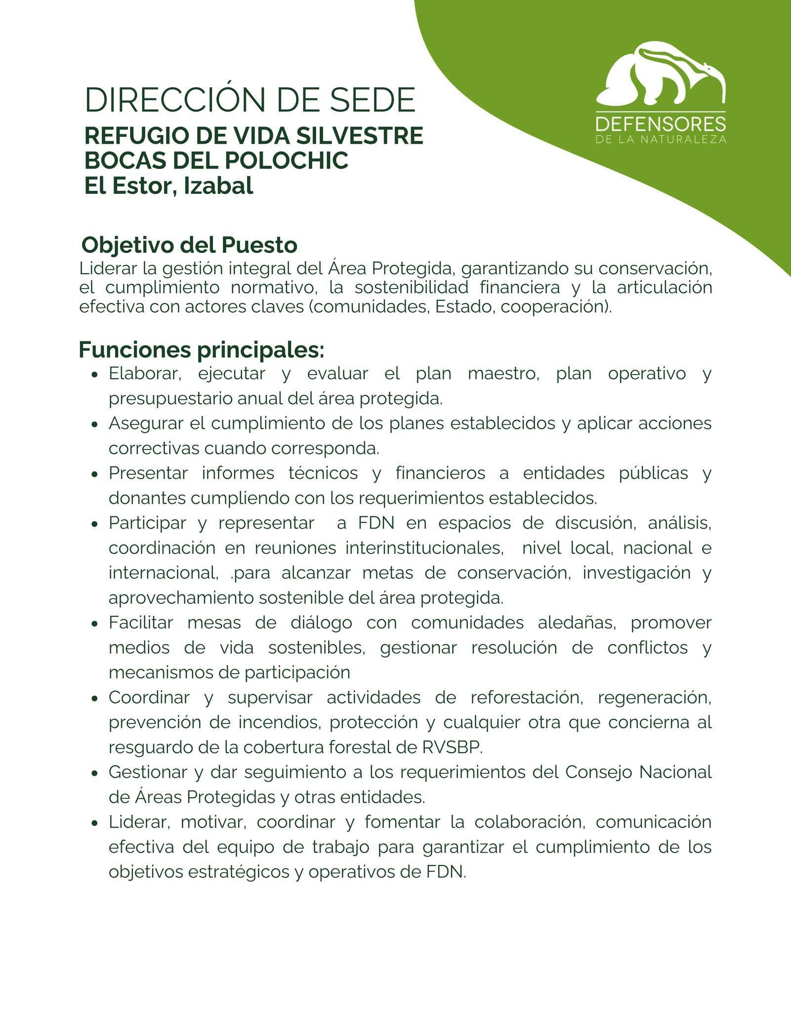 OFERTA LABORAL PARA BIÓLOGO (A) PARA DIRECCIÓN DE SEDE EN ÁREA PROTEGIDA DE IZABAL