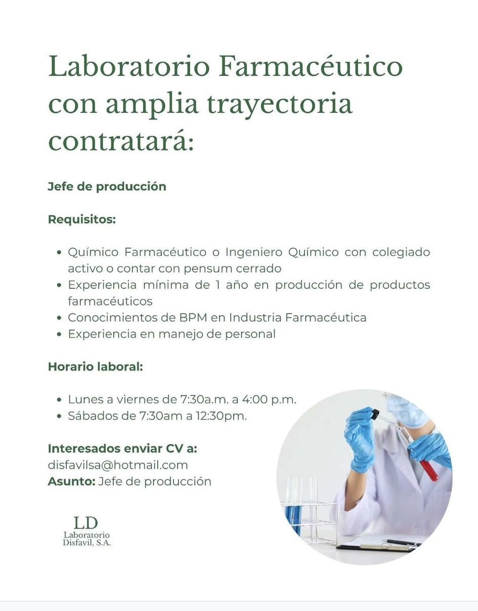 OFERTA LABORAL PARA QUÍMICO (A) FARMACÉUTICO (A) PARA JEFE DE PRODUCCIÓN