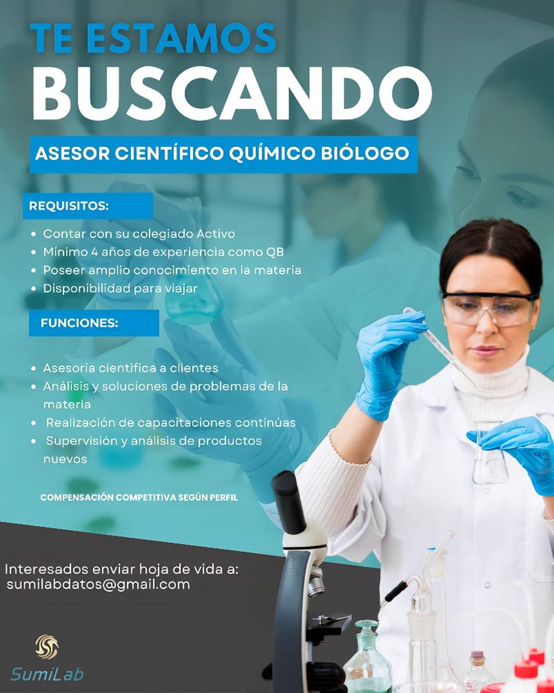 Oferta laboral para Químico (a) Biólogo (a) para asesor científico
