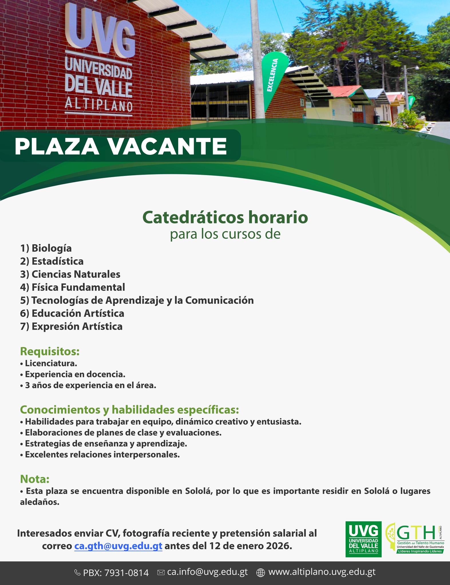 Oferta laboral para Biólogo (a) para la Universidad Del Valle de Sololá