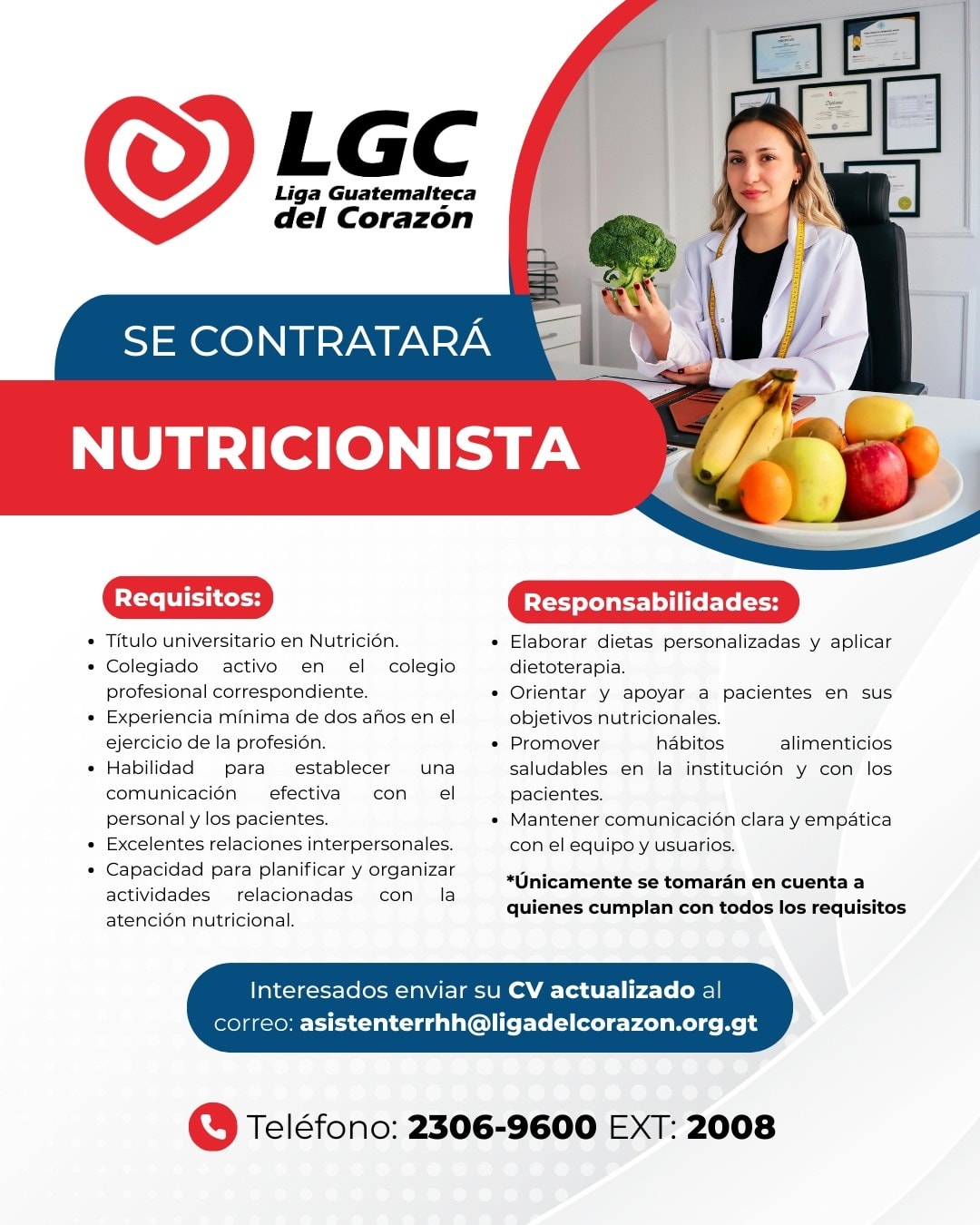 Oferta laboral para Nutricionista para la Liga Guatemalteca del Corazón