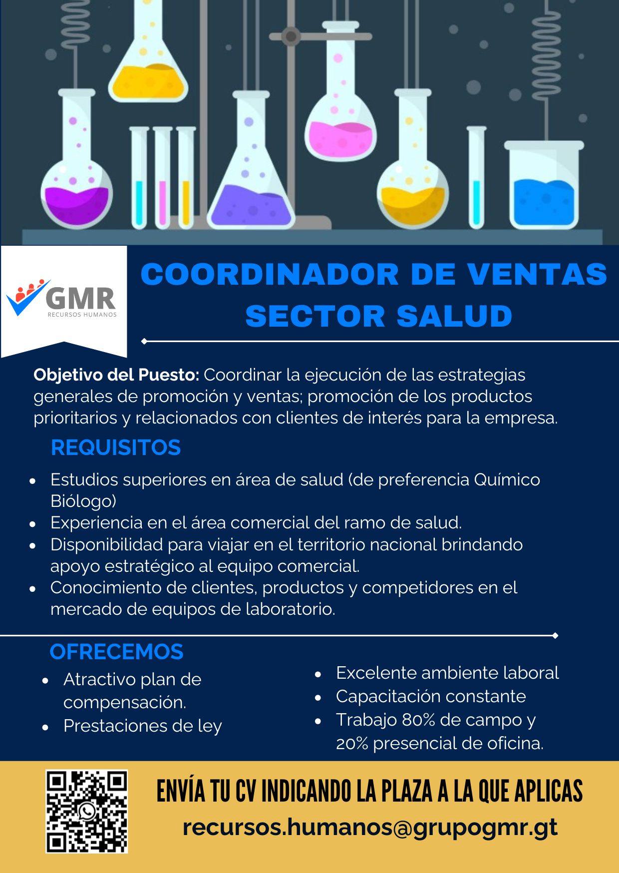 Oferta laboral para Químico (a) Biólogo (a) para coordinador de ventas del sector salud