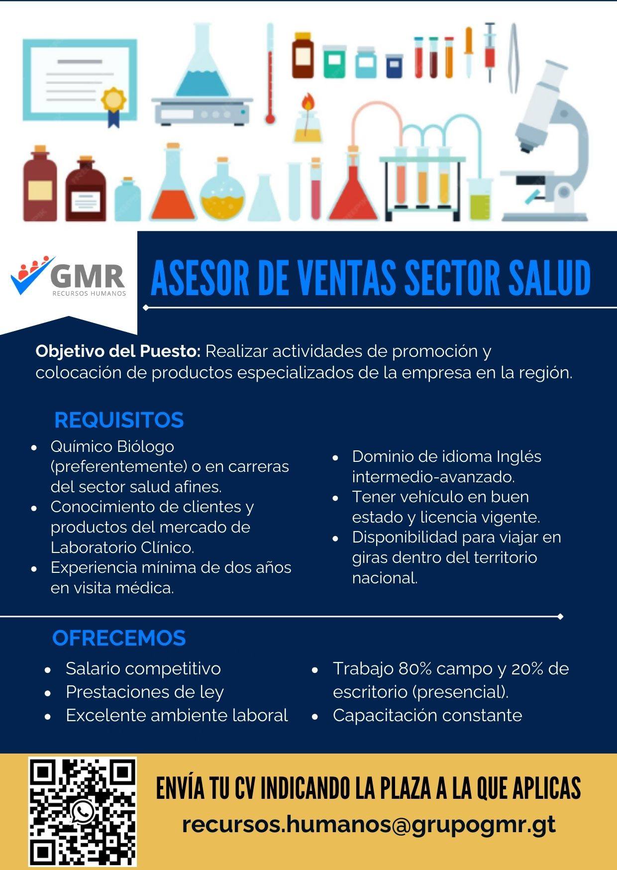 Oferta laboral para Químico (a) Biólogo (a) para asesor de ventas del sector salud