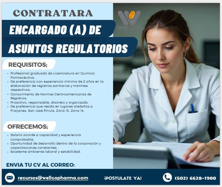 Oferta laboral para Químico (a) Farmacéutico (a) para encargado de asuntos regulatorios